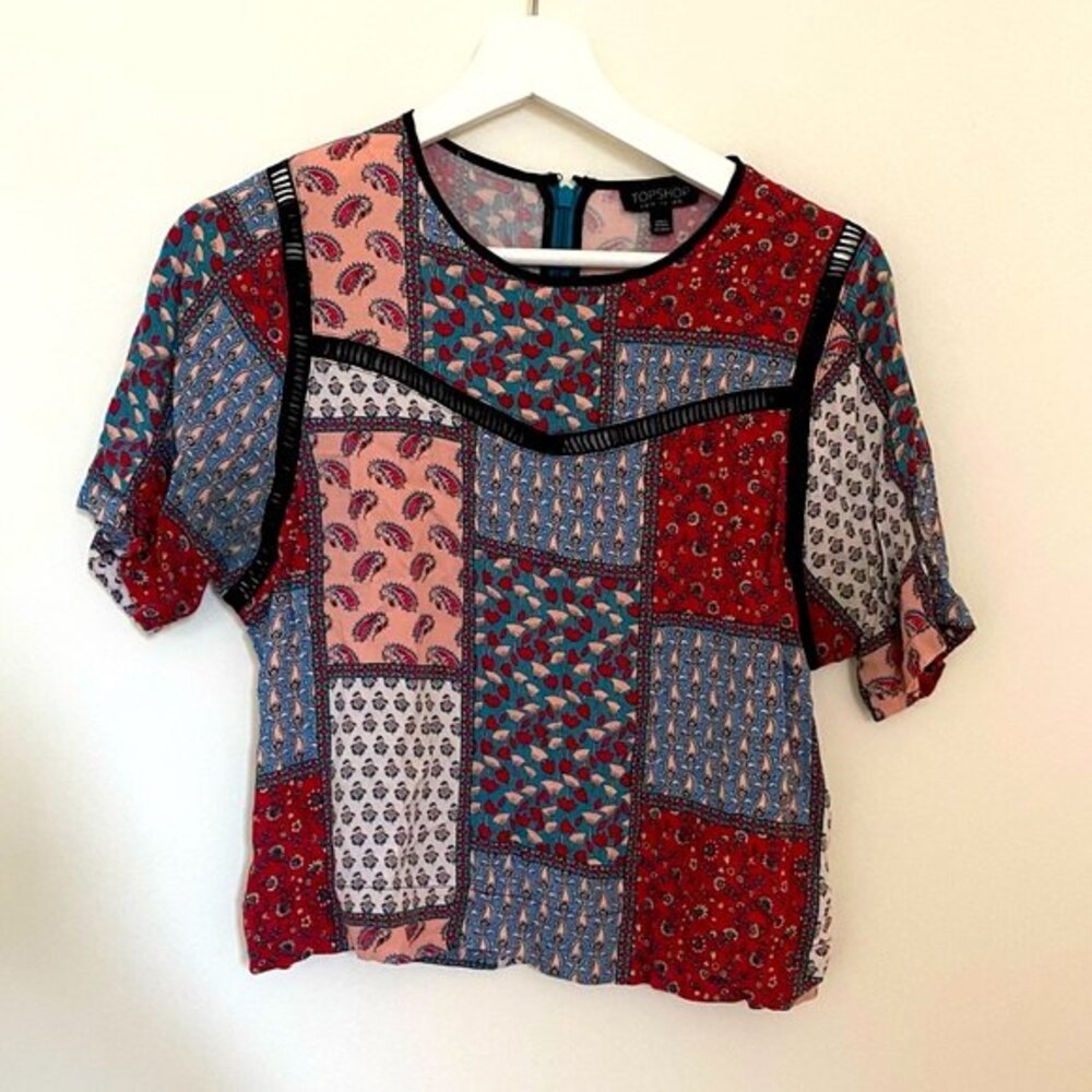 Topshop Blouse Colorful Patchwork Short Sleeve Top Boho Multicolor Pattern Small